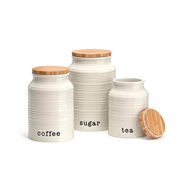 Barnyard Designs Canister Sets for Kitchen Counter, Ceramic Canister Set, Decorative Kitchen Canisters, Coffee Tea Sugar Container Set, Rustic Farmhouse Canisters, Ceramic Jar, White, Set of 3