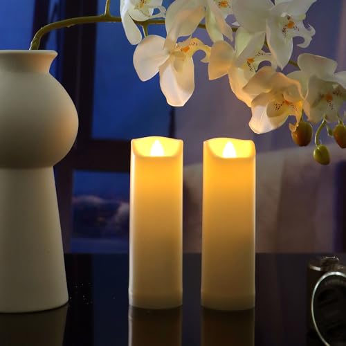 Image of CANDLE CHOICE Waterproof Outdoor Battery Operated Flameless Candles with Auto Timer Flickering Plastic Resin Electric LED Slim Pillar Lights for Lantern Patio Garden Wedding Decorations 2 inchx7 inch 2 Pack