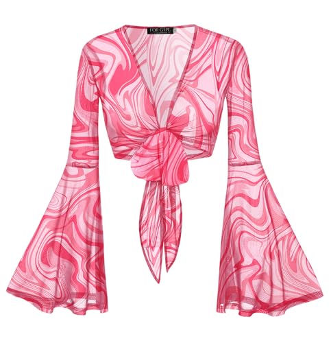 Image of Women Tie Front Bell Sleeve Rave Crop Tops Floral Print Hippie Mesh Sheer Shirt
