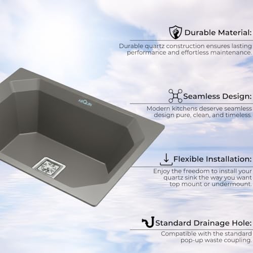 Image of ARQUIN Quartz Kitchen Sink 24x18x9 Inch Grey Diamond | Single Bowl Sink | Durable & Scratch-Resistant | Undermount /Topmount Including Coupling, Waste Pipe & Fruit Washing Basket