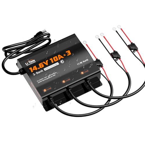 LiTime 3-Bank 10A (10A/Bank) Smart Battery Charger, 14.6V LiFePO4 Battery Charger AC-DC Charger with Fuse, LED Indicator for RV, Boat, Motorcycle, Lawn Mower, Trolling Motor and Lead Acid Battery