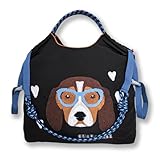 [PUPUKING] ナイロン素材 刺繍エコバッグ ボールチェーンエコバッグ 折りたたみ コンパクト 軽量 ショッピングバッグ 手持ち、肩掛け、斜めがけ可 洗える 防水防汚 大容量 収納しやすい 持ち運びやすい，ショルダーストラップ付き (めがね犬-黒)