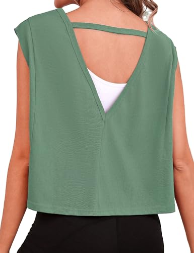 Quenteen Women Cropped Open Back Sleeveless Tank Tops Casual Yoga Y2k Athletic Gym Loose Fit Shirts Green S
