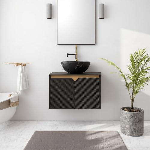 Image of 24 inch Bathroom Vanity with Sink, Wall-Mounted Bathroom Vanity with Black Bowl Ceramic Vessel Basin, Modern Plywood Floating Vanity with Twill Double Doors, Bathroom Storage Cabinet, Black