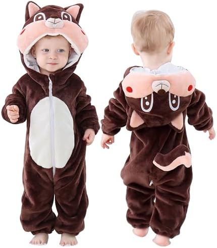 MICHLEY Baby Romper Flannel Cosplay Jumpsuit for 6-12months, Squirrel
