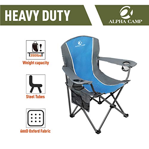 Alpha Camp Oversized Camping Folding Chair Heavy Duty Steel Frame Support 350 Lbs Collapsible Arm Chair With Cup Holder Quad Lumbar Back Chair Portable For Outdoor/Indoor #TOP3