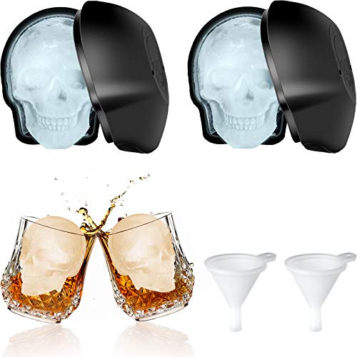 2 Pieces Large 3D Skull Ice Mold Large Silicone Skull Ice Trays with Silicone Funnels Halloween Skull Sugar Mold Day of the Dead Candy Chocolate Fondant Baking Mold for Party Favors