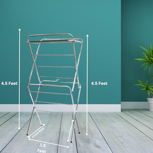 Image of DWET Stainless Steel Heavy Duty Foldable Cloth Drying Stand Sturdy Laundry Rack and Space-Saving Clothes Stand 13 Rod Use for Indoor | Outdoor | Balcony (Silver)