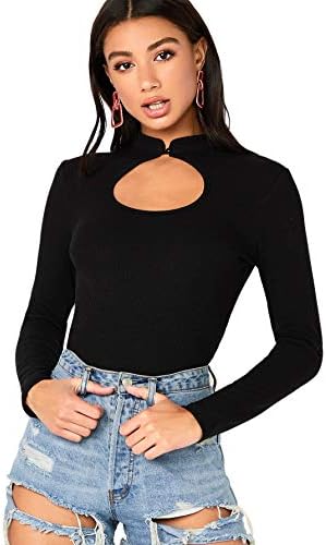 SweatyRocks Women's Elegant Cutout Rib Knit Top Slim Fit Long Sleeve Pullover T-Shirt Black S