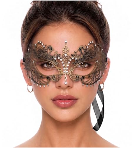 Image of Masquerade Mask for Women with Rhinestones - Elegant Metal Half Face Mask for Masquerade Parties, Mardi Gras, & Themed Events