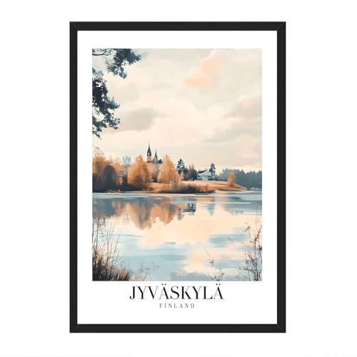 Jyv?skyl? Finland Landscape Poster Black Framed Canvas Print Modern Minimalist Aesthetic Wall Art Painting Pictures Wall Decor Exquisite Home Decor for Living Room Bedroom (Black Framed,12"L x 16"W)