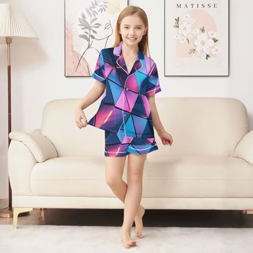 Satin Pajama Sets Short Sleeve Triangular Architectural Button Down Silky Nightwear 2 Piece PJS 5-14Y3