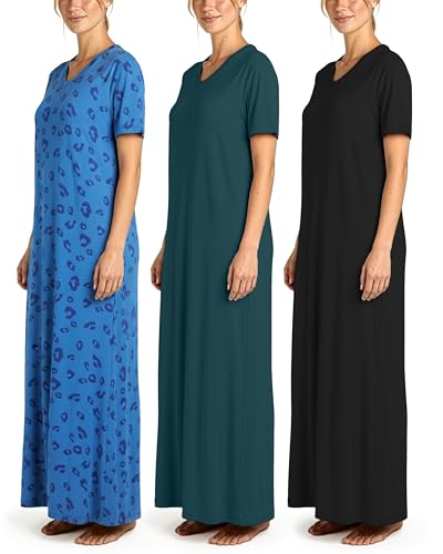 Image of Real Essentials 3 Pack: Women's Soft Maxi Long Nightshirt Short Sleeve Soft Nightgown Sleep Dress (Available in Plus Size)