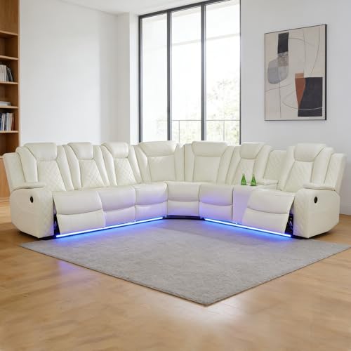 JBXBER Power Recliner Sectional Sofa, Cream Leather, 6 Seats