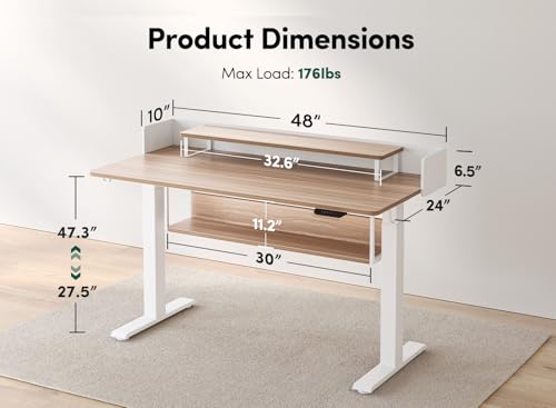 Image of FEZIBO 55 inch Electric Standing Desk with Shelves, 55x24 Inches Sit Stand Rising Computer Desk with Monitor Shelf, Home Office Desks with Hook, Adjustable Height Stand Up Workstation Table, Light Walnut