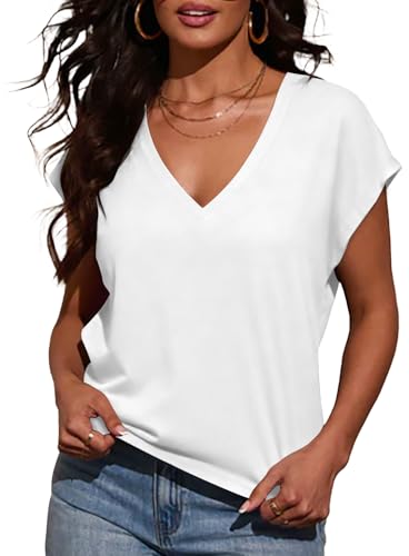 INFITTY Ladies T Shirts Casual Short Sleeve T-Shirts V Neck Solid Summer Cute Tops Fashion Tunic Blouses White XL