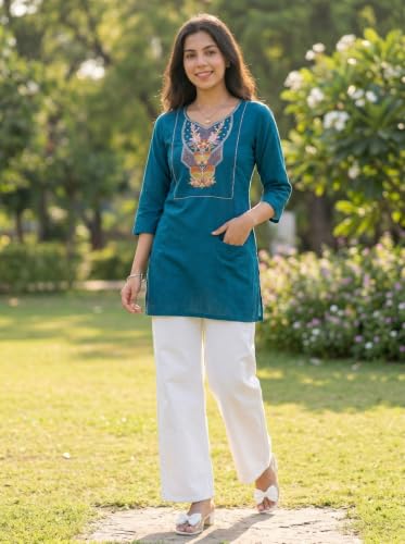 Image of Cotton Blend Embroidered Straight Kurta for Women | Cotton Blend | 3 /4 Sleeve | Round Neck V-Slit | Ethnic Wear Casual Wear