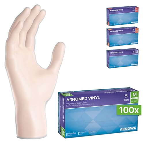 100x ARNOMED® Guantes vinilo talla M, Guantes desechables quirúrgicos y de laboratorio, Luvas vinilo descartáveis sin polvo y látex, Manoplas vinilo en S, M, L, XL