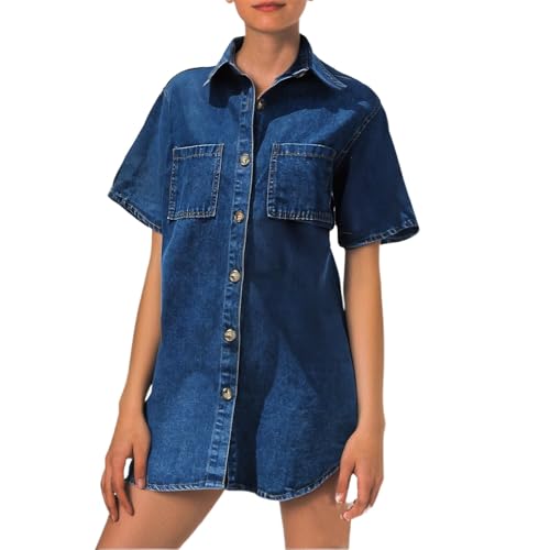 Robe chemise mi-longue en jean pour femme coupe ample décontractée