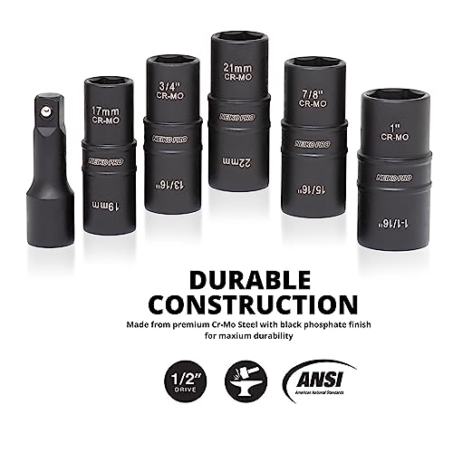 Image of NEIKO 02287B 6-Pc 1 /2-Inch-Drive Impact Socket Set, 10 SAE & Metric Sizes, Thin Wall Wheel Lug Nut Socket Set, Cr-Mo, 3-Inch Extension Bar, 6-Point, 19 & 21mm Sockets