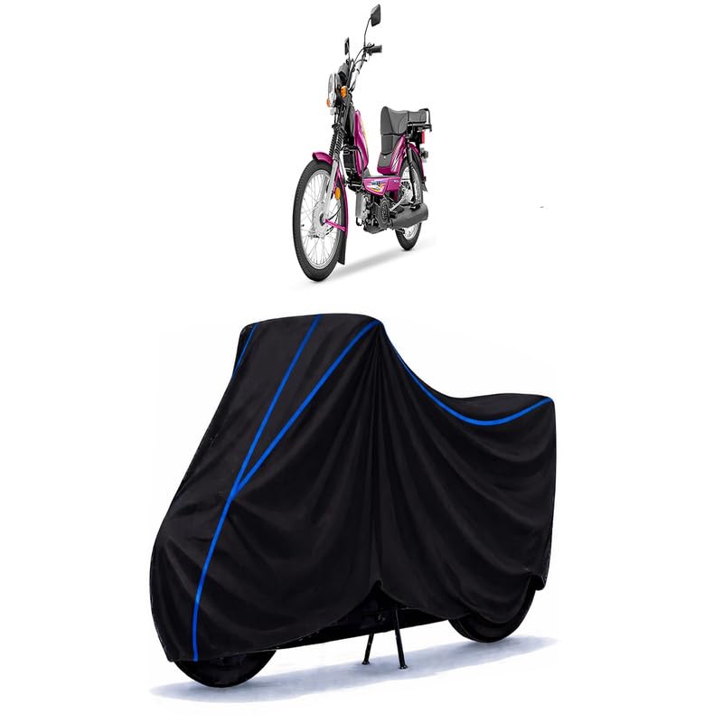 Image of TVS XL 100 Heavy Duty Bike Cover Water Resistant Universal Motorcycle Rain | Heavy Duty UV Protection, Dust, Scratch Indoor Outdoor All Weather with Black Blue Piping Elastic