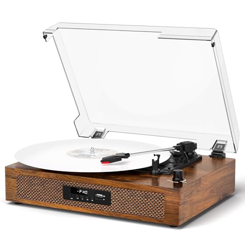 DANFI Audio Tocadiscos con Bluetooth, altavoz integrado, grabación USB, pantalla LED, tocadiscos de 3 velocidades, tamaño ampliado, grano de madera marrón