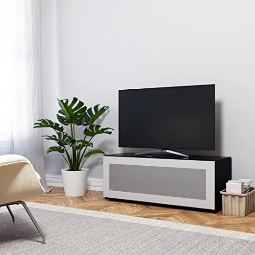Image of SONOROUS ST-110 Premium TV Stand with Black Wood & White Glass Cover - Modern Entertainment Center & Media Console for Living Room - TV Cabinet up to 65 Inch with Hidden Wheels - Sleek Storage Design