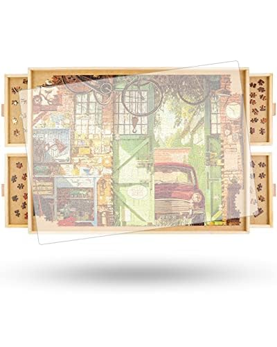 1000-teiliges drehbares Puzzlebrett mit Schubladen, 76,6 x 57 cm tragbarer hölzerner Puzzletisch für Erwachsene, tragbar, Lazy Susan drehbares Puzzlebrett Geburtstagsgeschenk für Mama