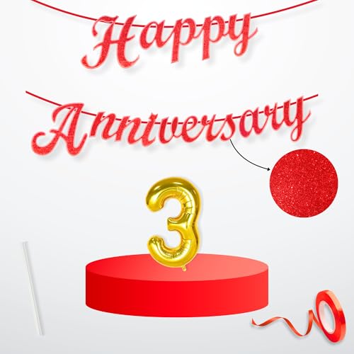 Image of Flyloons 3rd Happy Anniversary Banner Red Decorations Kit for Men Women Wedding Anniversary Banner Items without Balloons