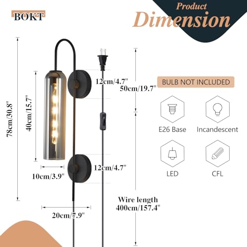 Image of BOKT Mid Century Plug in Wall Sconce Black Bathroom Wall Mounted Light with Smoke Glass Minimalist Long Wall Decor Lamp Plug in Cord Modern Bathroom Vanity Sconces Indoor Bedside Wall Lamp