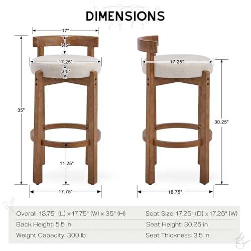 Image of CIMOTA 30 inch Bar Height Stools Set of 4 | Mid Century Modern Low Back Bar Chairs with Solid Wood Legs & Linen Upholstered Seat, High Bar Stools for Kitchen & Pub, Beige