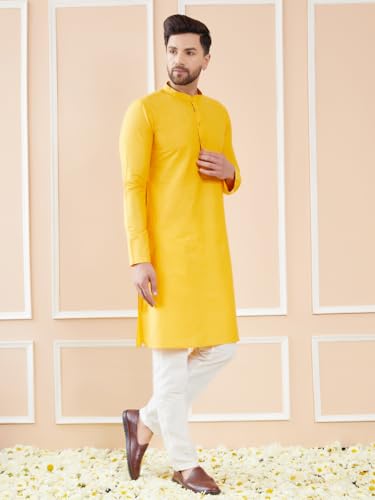 Image of See Designs Men Full Sleeve Sleeve Side Slit Mandarin Collar Cotton Solid Straight Kurta with Pyjama