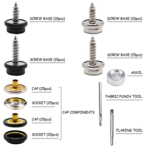 153 Pcs Canvas Snap Kit-2 Sizes,Metal Screws Upholstery Fasteners Marine Grade 3/8" And 5/8" Socket Stainless Steel Boat Snaps With 3 Pcs Setting Tool For Boat Carpet Cover Furniture (Black & Sliver) #TOP1