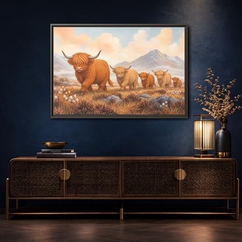 Toile vache Highland de luxe grand format avec cadre Espresso