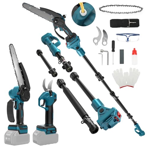 Mini motosierra de 8 pulgadas con barra telescópica y tijeras de podar eléctricas de 28 mm, juego de herramientas de jardín 4 en 1 compatible con batería Makita, alcance máximo de hasta 4 m (batería
