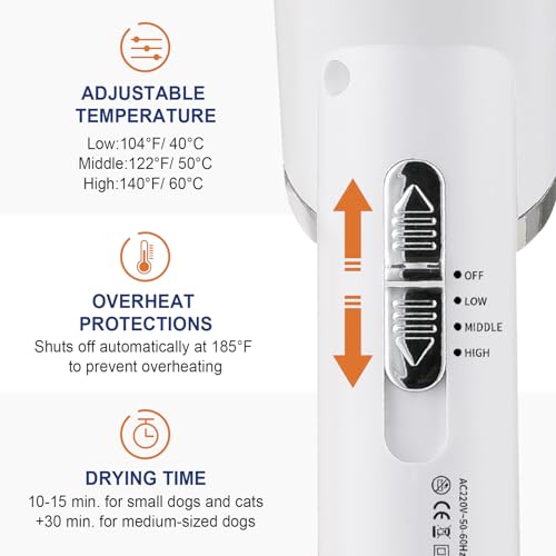 Image of Portable Dog Hair Dryer with Brush - 300W, 3 Heat Settings, Professional, Overheat Protection for Small Medium Pets Comfort Collar