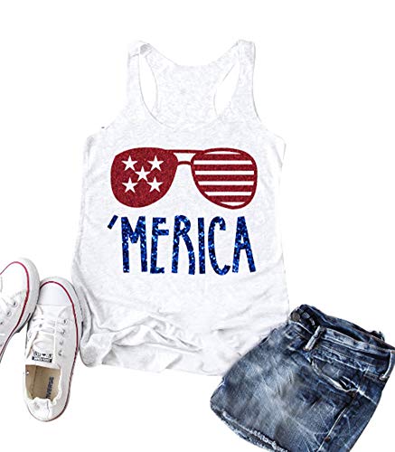 Women American Flag Sunglasses Tank Tops Summer Funny 4th of July T Shirt (L White)