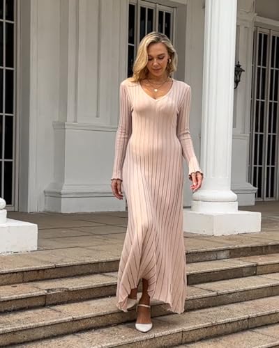 Image of RanRui Womens Winter Fall Pleated Knitted Fit and Flare Long Sleeve Sweater Dress