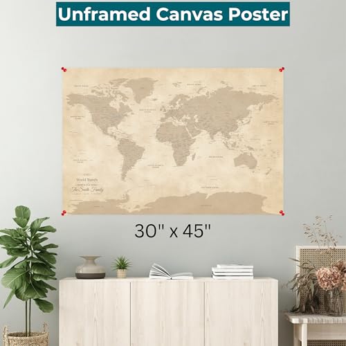 Image of Vintage Style World Travel Map Poster with Pins - Canvas Travel Tracker - Customized Map of the World - Large 30 inch x 45 inch