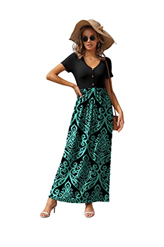 Image of GRECERELLE Womens Summer Long Maxi Dresses 2026 Short Sleeve V Neck Casual Button Dress with Pockets