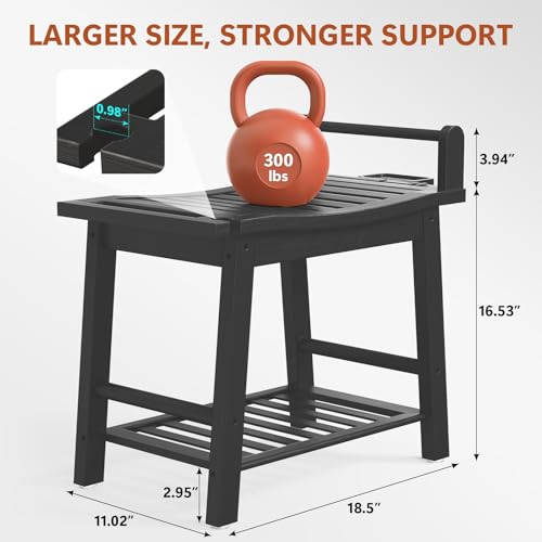 Bamboo Shower Benches for Inside Shower to Sit on, 2-Tier Shower Stool Waterproof with Arm, Heavy Duty Bathroom Bench with Storage Shelf and Shower Header Holder for Seniors, Disabled, Women, Black