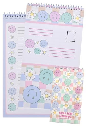 Image of iscream Fold and Send Girls Stationery Card Pad with Seals - Daisy Smiles | 40 Pack, Cute Design, Spiral Bound, Large 10.5 inch x 5.75 inch Cards, Coordinating Sticker Sheets, Fold and Send, Summer Camp Ready