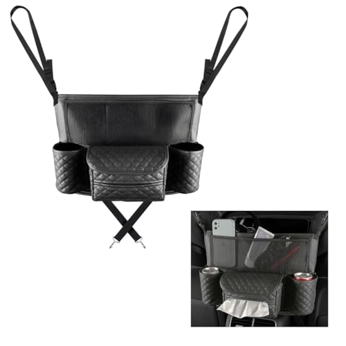 DXNQ Car Purse Holder Between Seats, Luxury Leather Front Seat Back Handbag Organizer with Tissue Box Cup Holders, Auto Large Capacity Multi Pocket Purse Holder Hanging Storage Bag (Black)