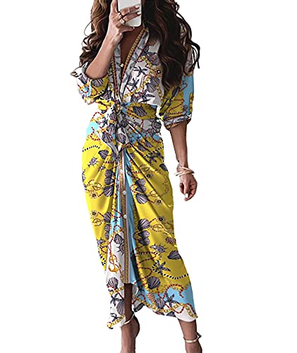 Image of FYEARFOX Women's Button Down Shirt Dress Ruched Split Maxi Dresses Long Sleeve Wrap V Neck Tie Waist Party Clubwear