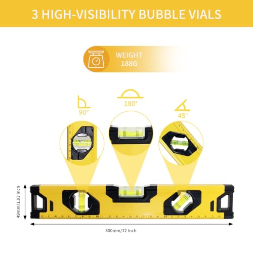 Image of Aluminium Alloy Spirit Level 300 mm /12 Inch Shock Proof Torpedo Level with Magnetic Base and 3 Bubble 45,90,180 - Yellow /Black