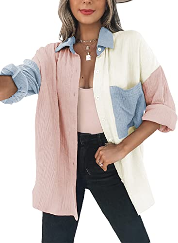 Dokotoo Womens Color Block Button Down Shirts Long Sleeve Oversized Boyfriend Blouses Tops