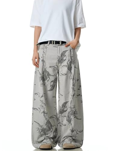 Baggy Jeans for Men Women Y2K Floral Wide-Leg Retro Distressed Grey Cargo Pants Casual Fashion Harajuku Streetwear3