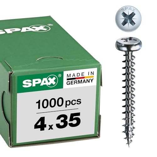 SPAX 0231010400355 Universal Screw, 4.0 x 35 mm, Phillips Z2, Half Round Head, Fully Thread, 4CUT, WIROX A3J, Blank Galvanised, Pack of 1000