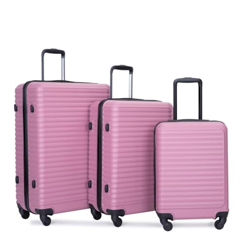 3 Piece Luggage Sets ABS Lightweight Suitcase with Two Hooks, Spinner Wheels, TSA Lock, (20/24/28) (Pink)2