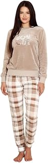 بيجامة شتوي قطيفة فرو تيشيرت بتصميم رقيق و بنطلون بتصميم مربعات للنساء